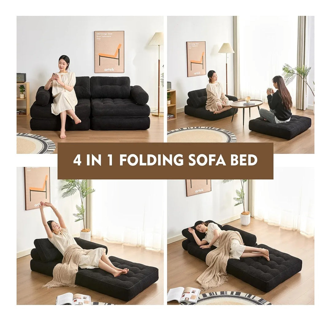 Litbird Foldable 4-in-1 SofaBed – Bean Bag Couch, Boneless Folding Sofas, Floor Lounge Sofa, Guest Bed for Small Spaces, Lounge Seat for Bedroom & Living Room (Black, 37.4 in)