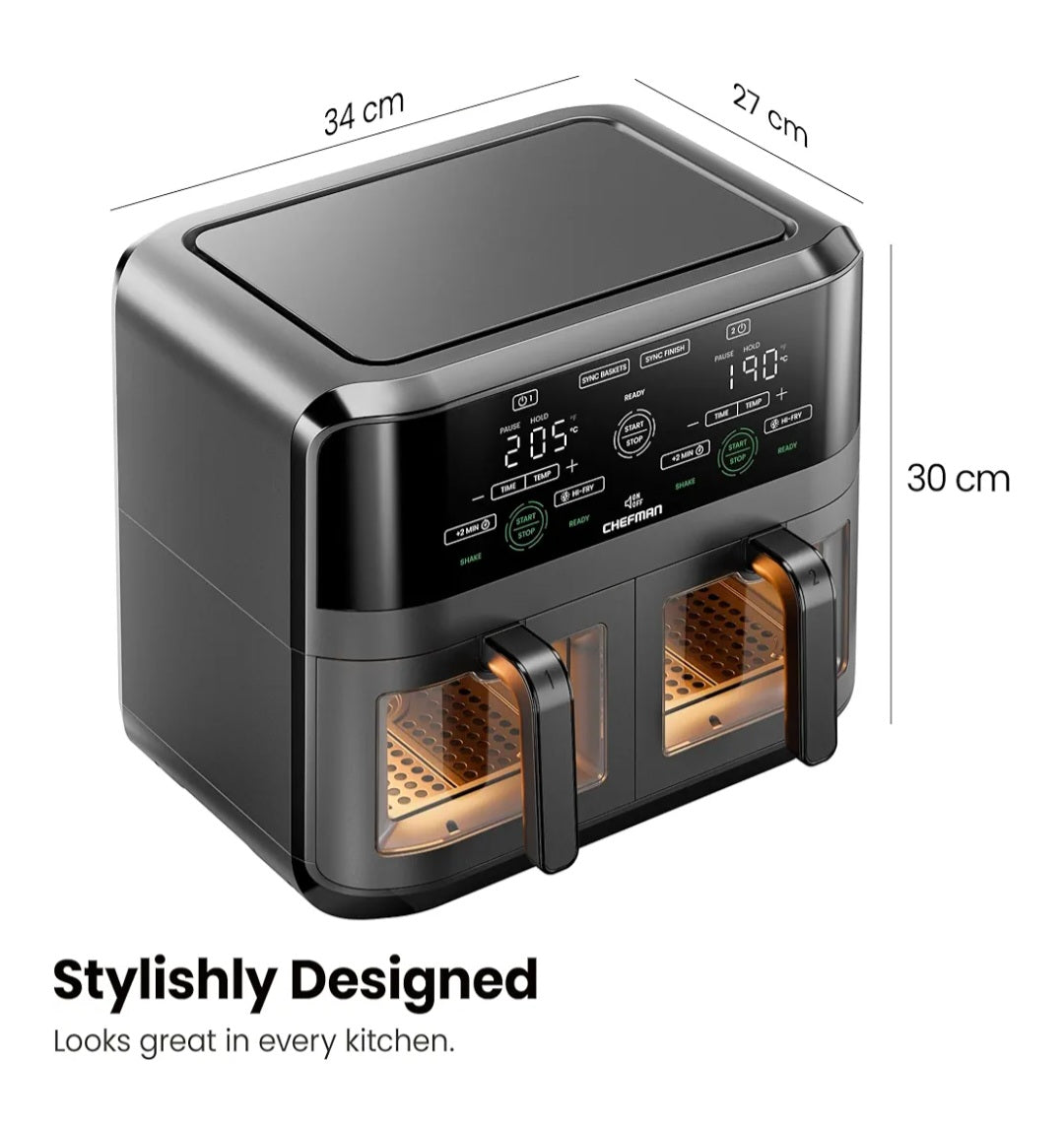 CHEFMAN 5.6L Dual Air Fryer Oven, Dishwasher Safe Frying Baskets, Double Air Fryer with Sync Finish, Hi-Fry, Auto Shutoff and Easy View Windows, Black