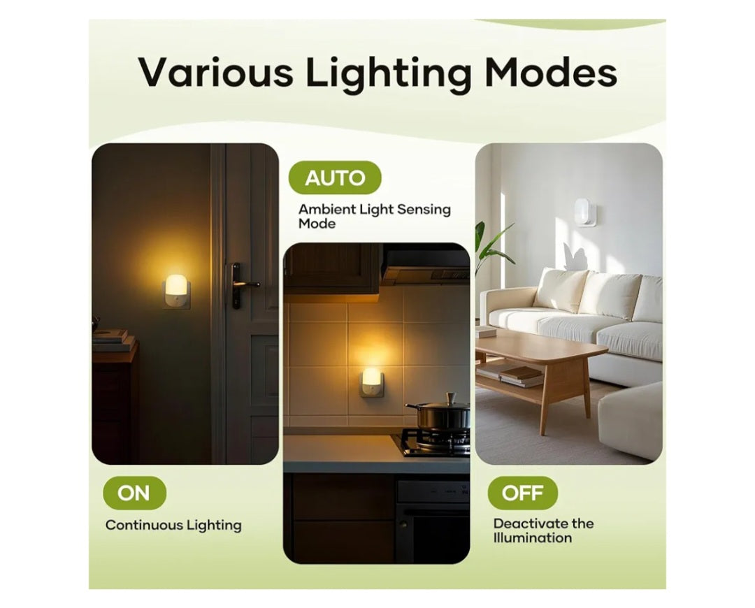Night Light Plug in Wall with Dusk to Dawn Photocell Sensor, 5 Brightness Levels, ON/Off/AUTO Lighting Mode, 3000K Warm White Night Light for Baby, Hallways, Stairs, Bedrooms, Kitchen, 0.3W, 1 Pack