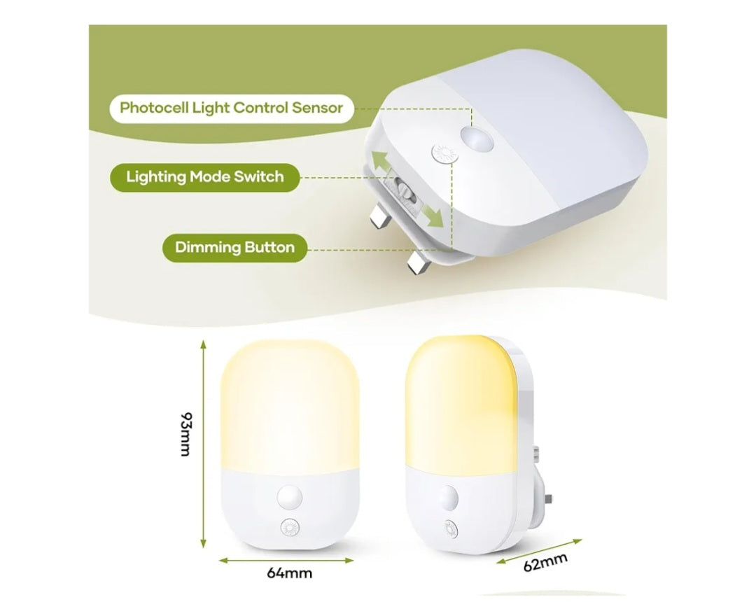 Night Light Plug in Wall with Dusk to Dawn Photocell Sensor, 5 Brightness Levels, ON/Off/AUTO Lighting Mode, 3000K Warm White Night Light for Baby, Hallways, Stairs, Bedrooms, Kitchen, 0.3W, 1 Pack