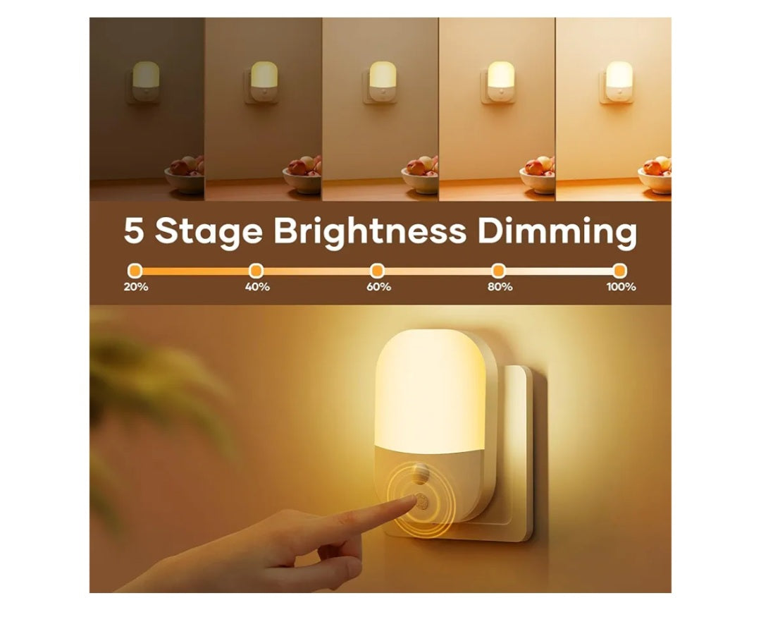 Night Light Plug in Wall with Dusk to Dawn Photocell Sensor, 5 Brightness Levels, ON/Off/AUTO Lighting Mode, 3000K Warm White Night Light for Baby, Hallways, Stairs, Bedrooms, Kitchen, 0.3W, 1 Pack