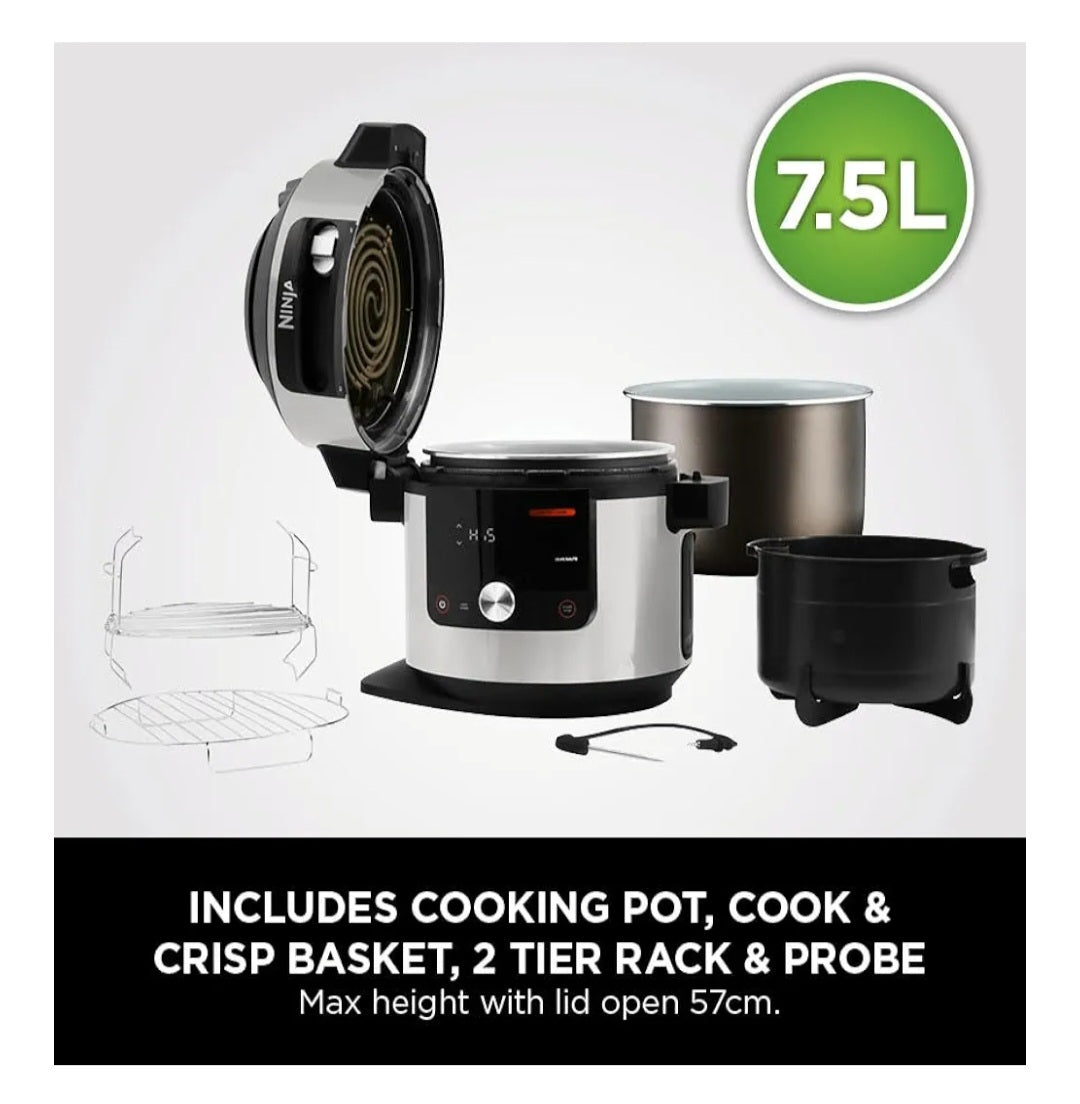Ninja Foodi MAX 15-in-1 SmartLid Multi-Cooker 7.5L with Digital Probe, Electric Pressure Cooker & Air Fryer, Slow Cook and more, Cooks 6 Portions, Stainless Steel/Black OL750UK
