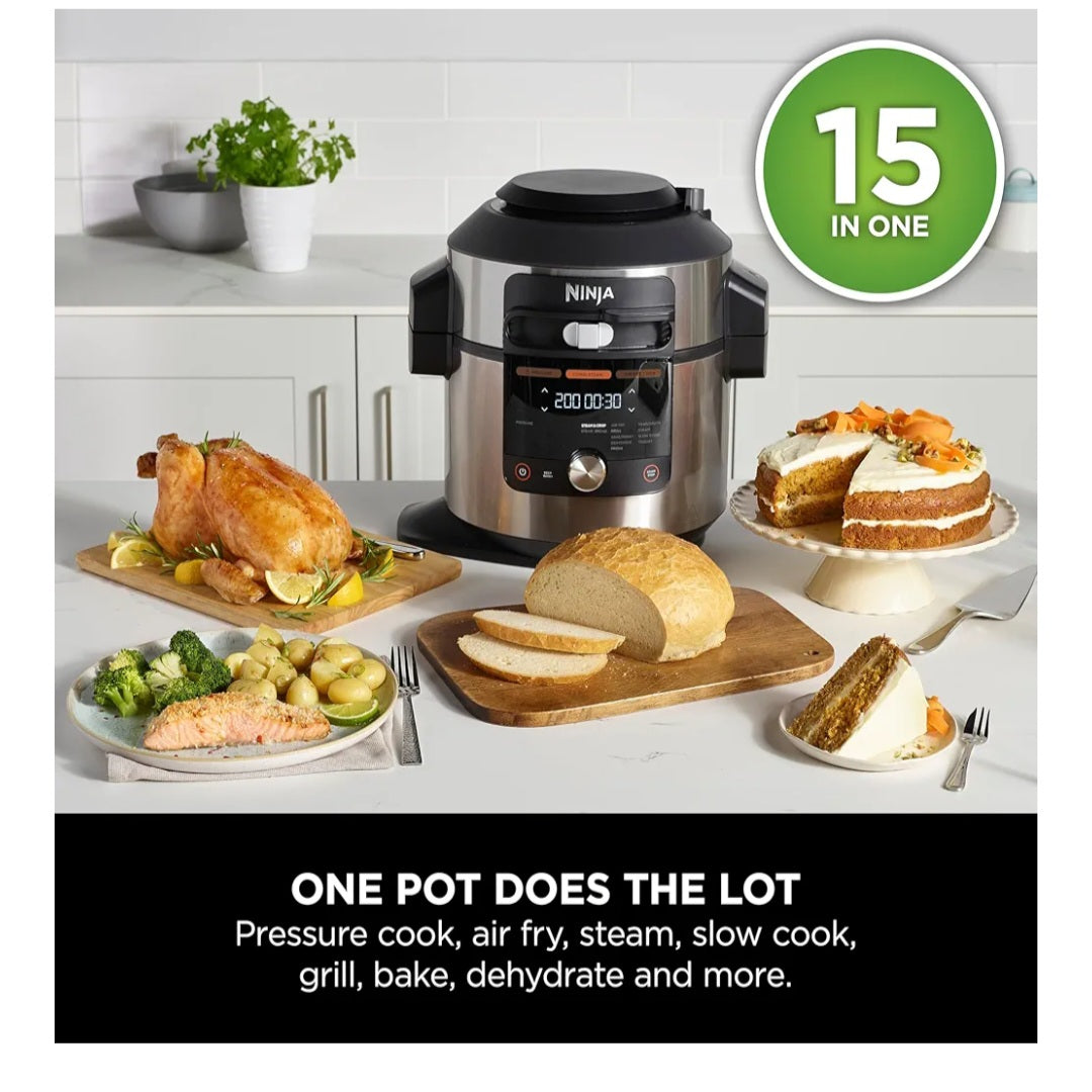 Ninja Foodi MAX 15-in-1 SmartLid Multi-Cooker 7.5L with Digital Probe, Electric Pressure Cooker & Air Fryer, Slow Cook and more, Cooks 6 Portions, Stainless Steel/Black OL750UK