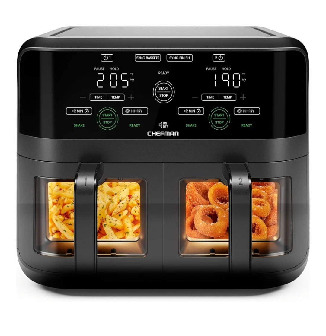 CHEFMAN 5.6L Dual Air Fryer Oven, Dishwasher Safe Frying Baskets, Double Air Fryer with Sync Finish, Hi-Fry, Auto Shutoff and Easy View Windows, Black
