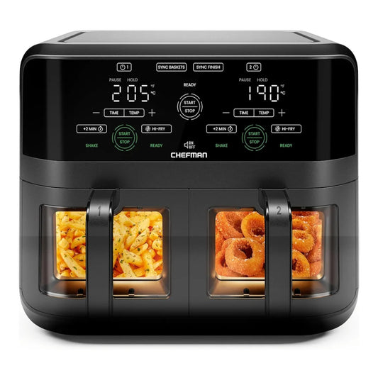 CHEFMAN 5.6L Dual Air Fryer Oven, Dishwasher Safe Frying Baskets, Double Air Fryer with Sync Finish, Hi-Fry, Auto Shutoff and Easy View Windows, Black