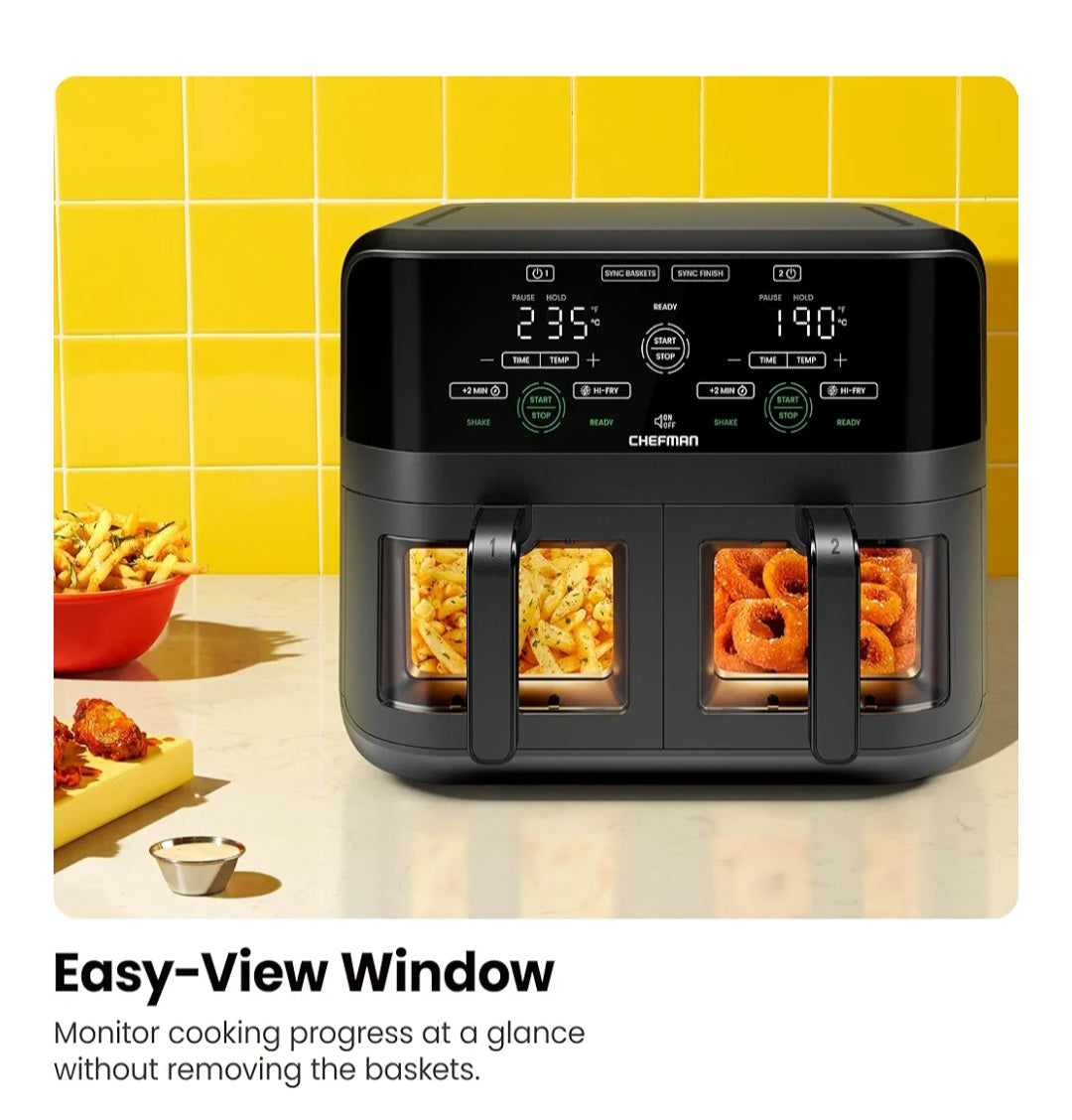 CHEFMAN 5.6L Dual Air Fryer Oven, Dishwasher Safe Frying Baskets, Double Air Fryer with Sync Finish, Hi-Fry, Auto Shutoff and Easy View Windows, Black