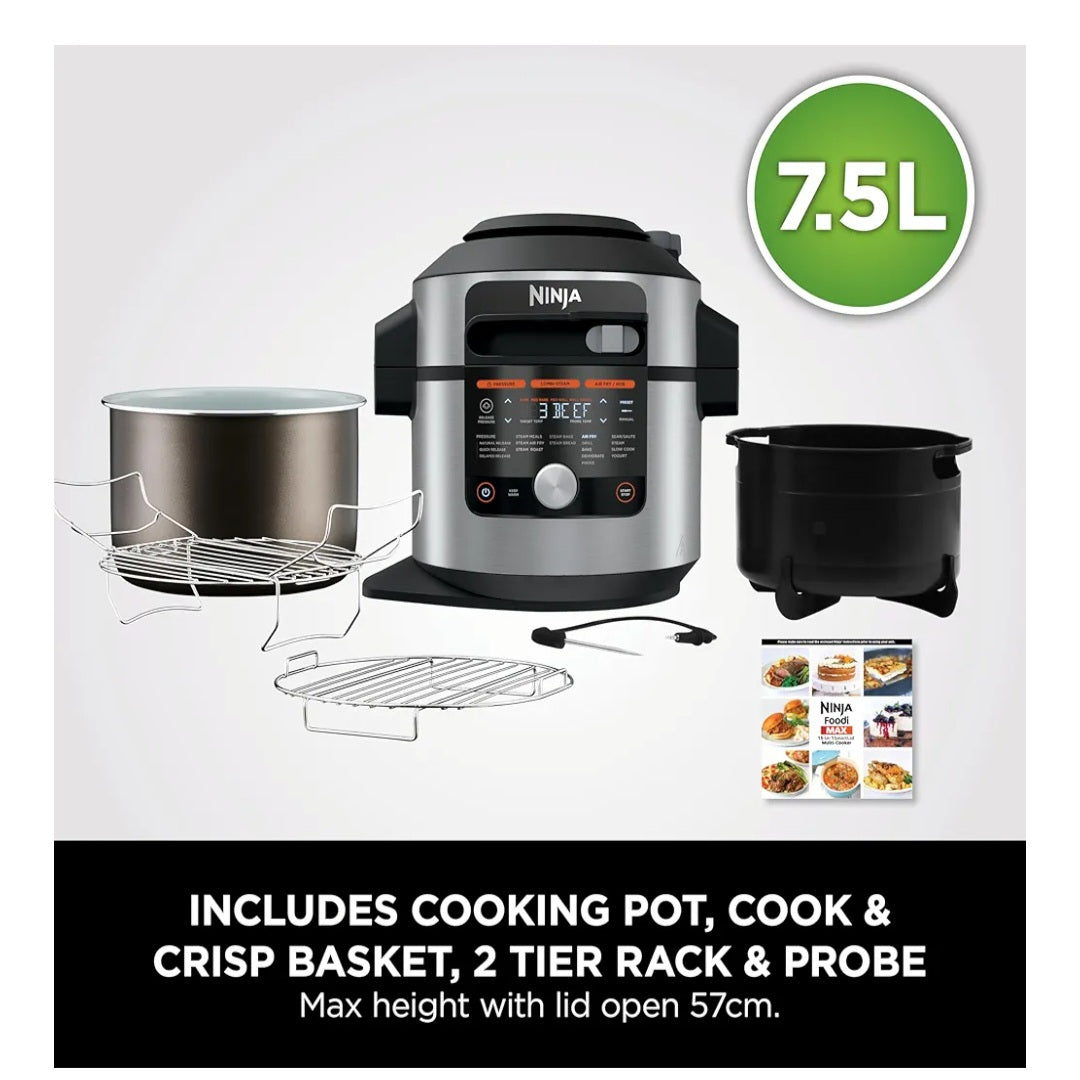 Ninja Foodi MAX 15-in-1 SmartLid Multi-Cooker 7.5L with Digital Probe, Electric Pressure Cooker & Air Fryer, Slow Cook and more, Cooks 6 Portions, Stainless Steel/Black OL750UK